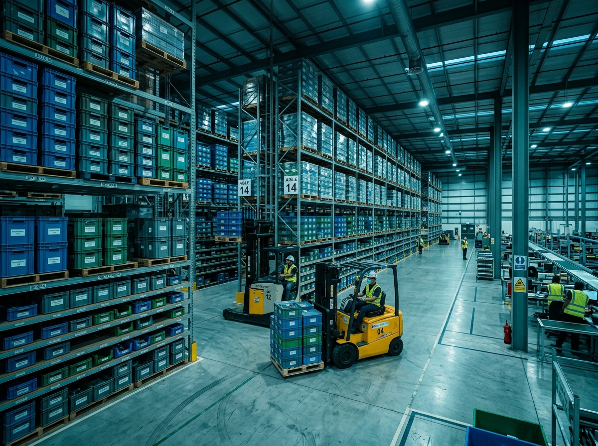 Our modern warehouse facility stocked with commercial plastic bins